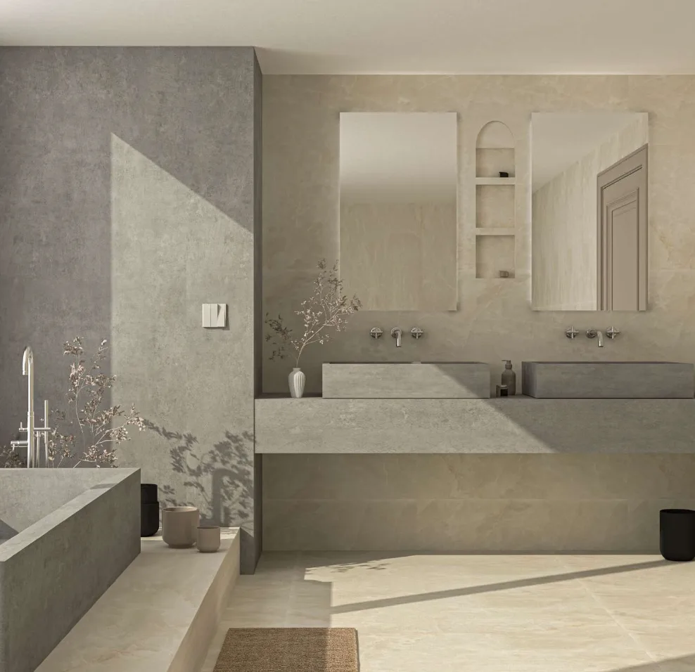 Stone-look porcelain bathroom with double vanity and bathtub