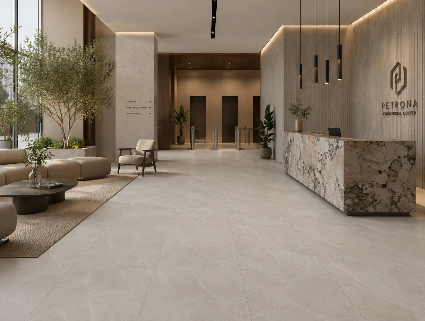 Commercial interior finished in large-format porcelain